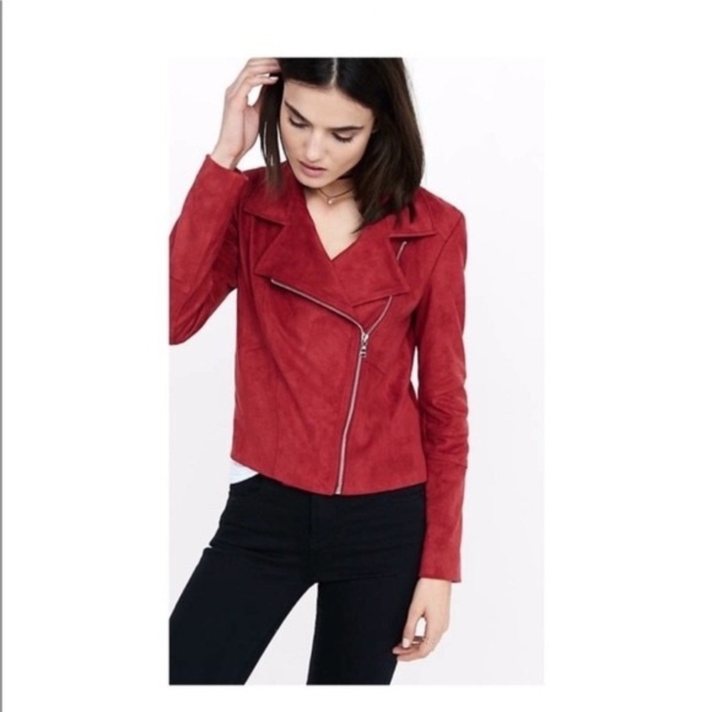 EUC Express Women's Deep Red Faux Suede Asymmetrical Moto Jacket Biker Size M